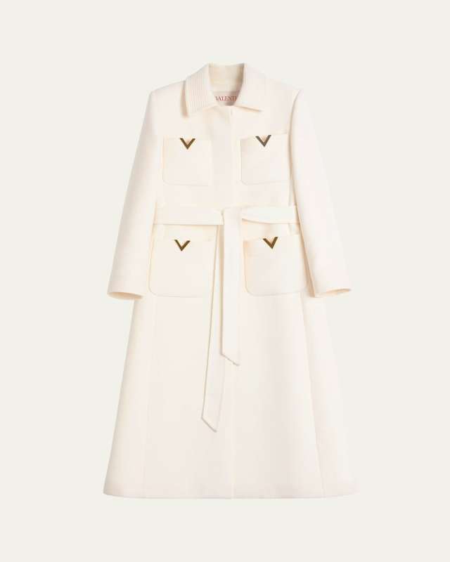 V Logo Collared Wool Coat